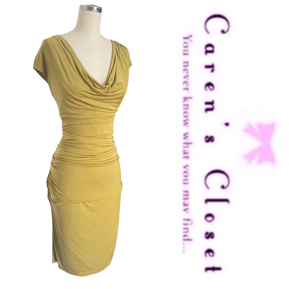 Andrew Marc Gold Stretch Jersey Ruched Body-con Cocktail Dress - Picture 2 of 10